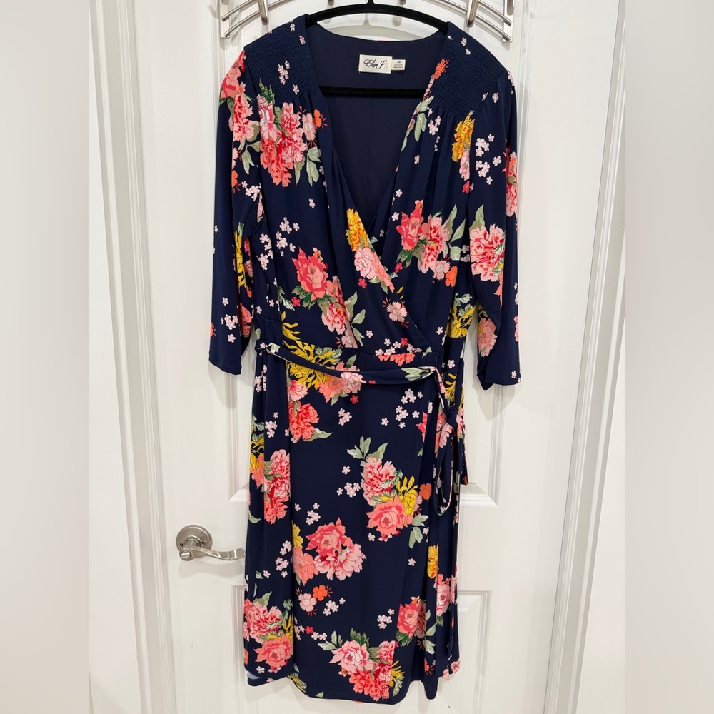 Eliza J Women's Navy Blue Floral Organza Sash Tie Waist Dress Size 20W